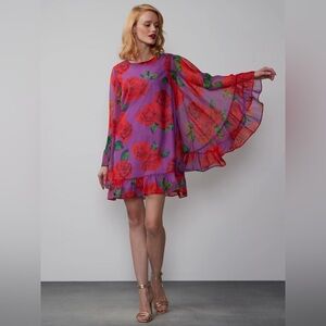 New York & Company Floral Purple Chiffon Dress Red Rose Bell Sleeve Dress Sz XL